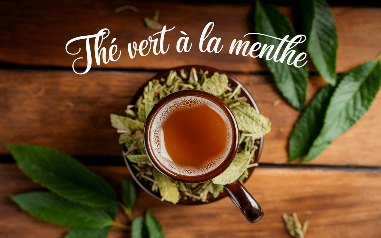 Tasse de thé vert menthe marocain avec feuilles fraîches