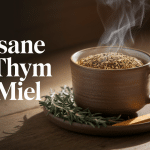 Tisane dorée au thym et miel dans une tasse rustique avec ingrédients naturels