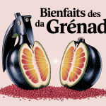 Grenade coupée en deux avec grains rubis et rayons lumineux symbolisant santé