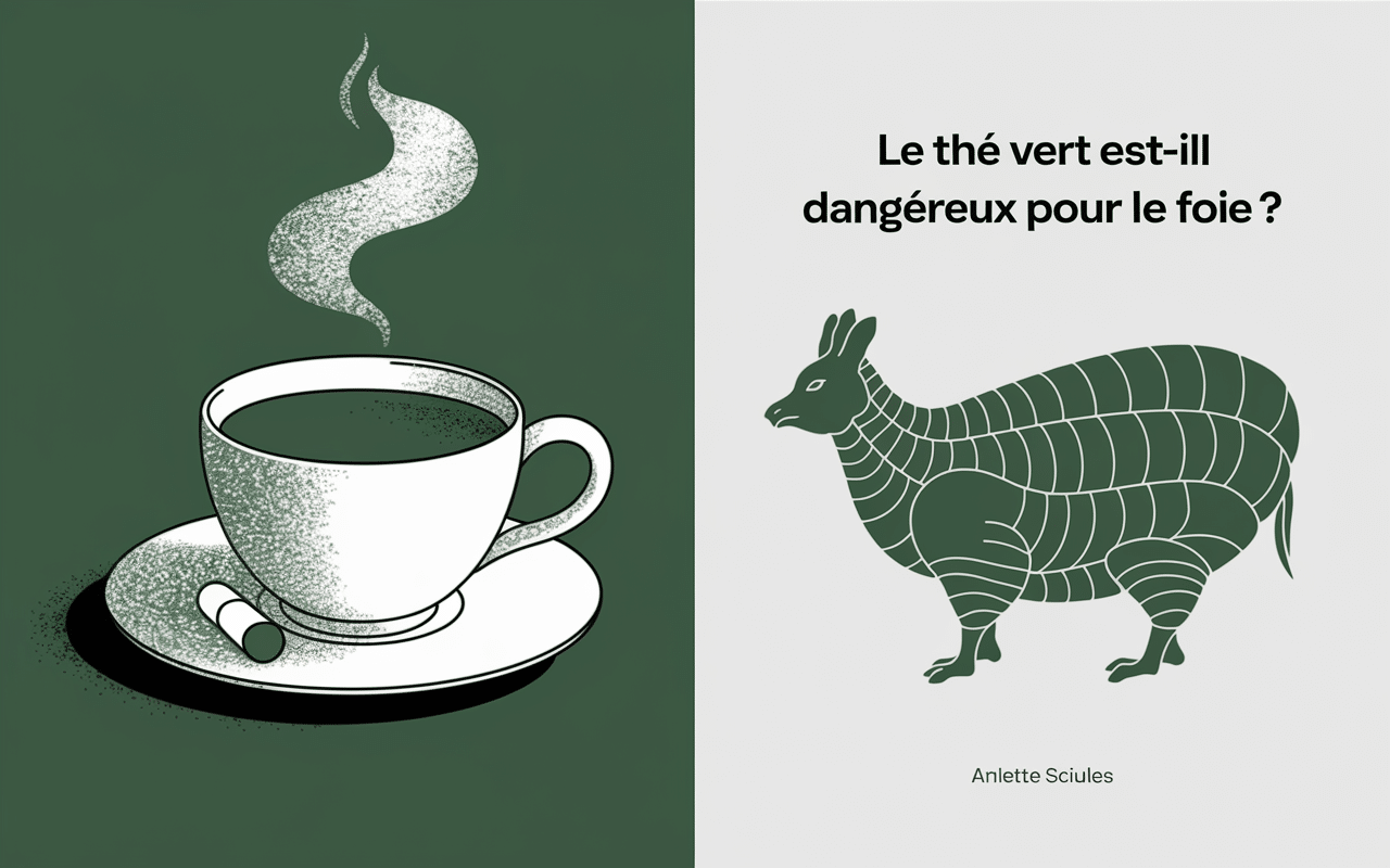 Tasse de thé vert et silhouette de foie - risques hépatiques