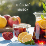 Carafe de thé glacé doré avec citron et menthe sur table ensoleillée