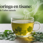 Tisane de moringa avec feuilles séchées et arrière-plan naturel