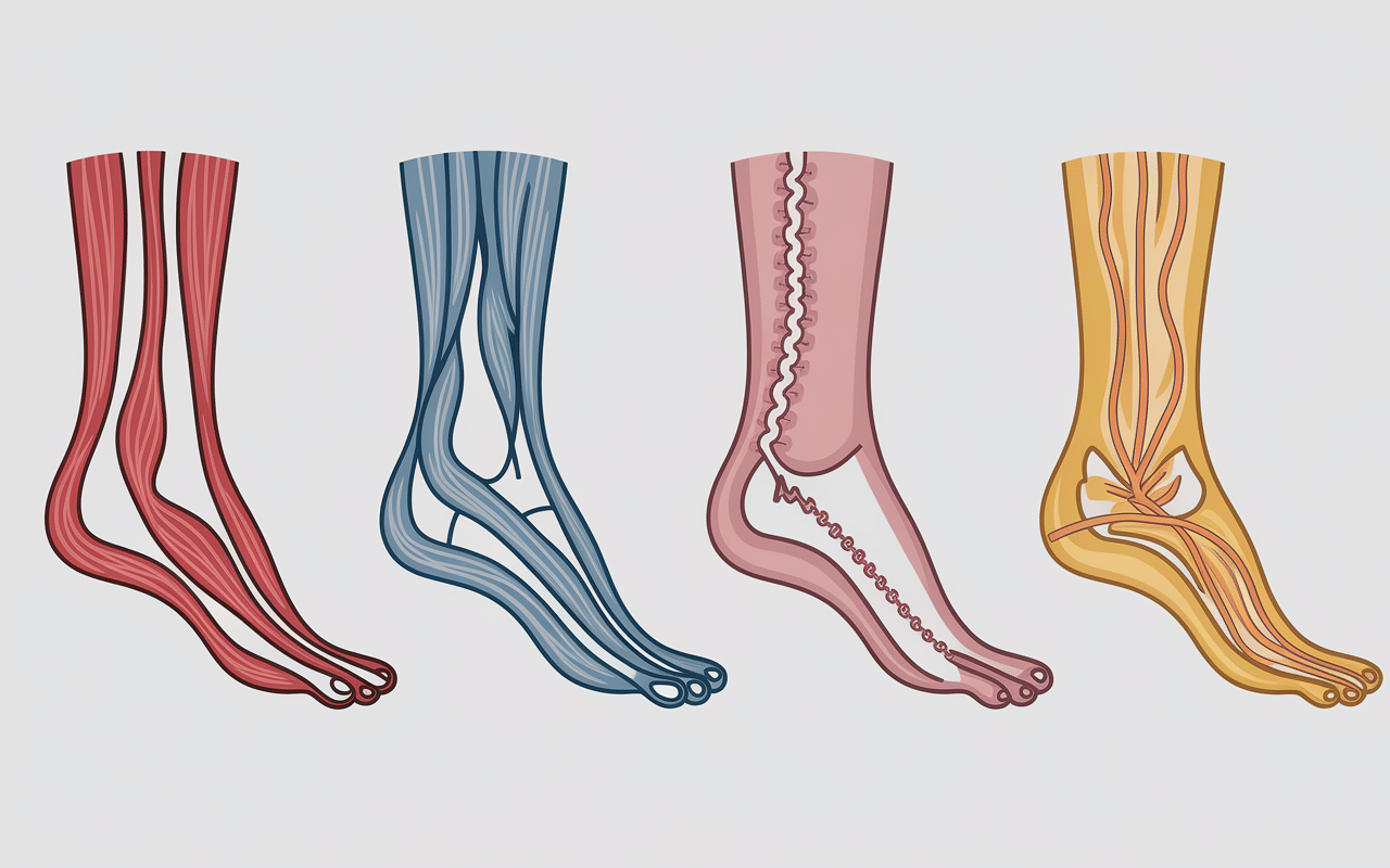 Illustration médicale des causes de douleur externe du pied