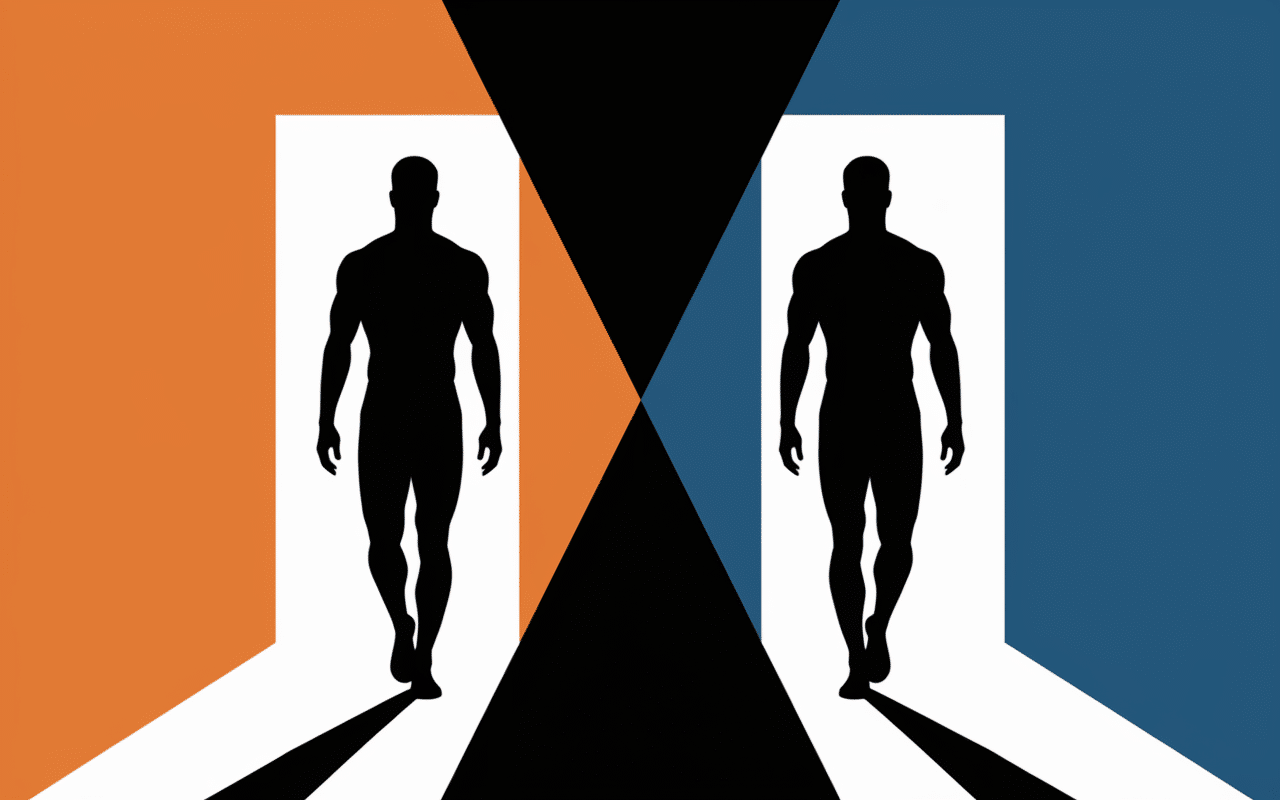 Silhouettes masculines contrastées, flèche divergente