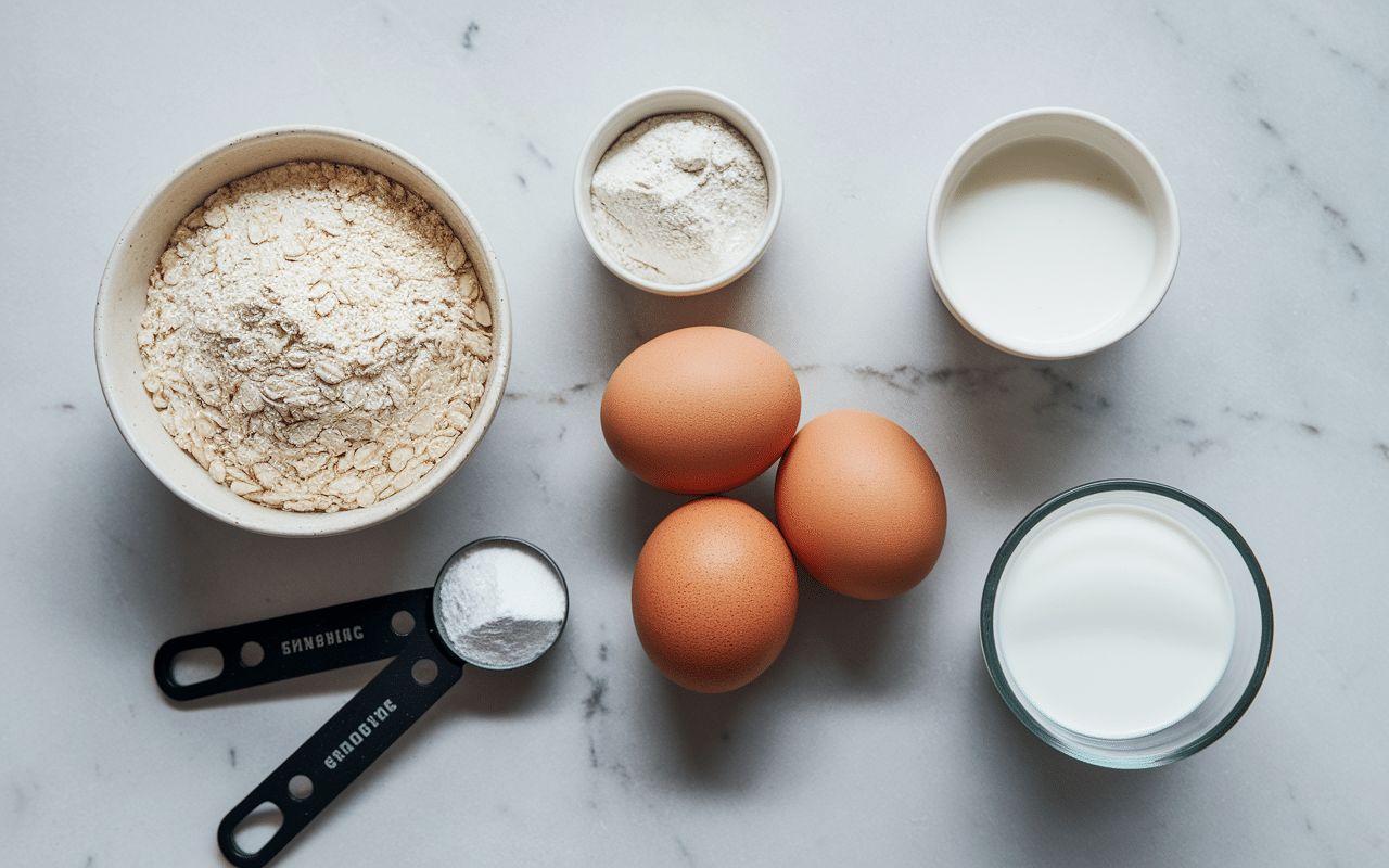 Ingrédients pour pancakes protéinés sur marbre