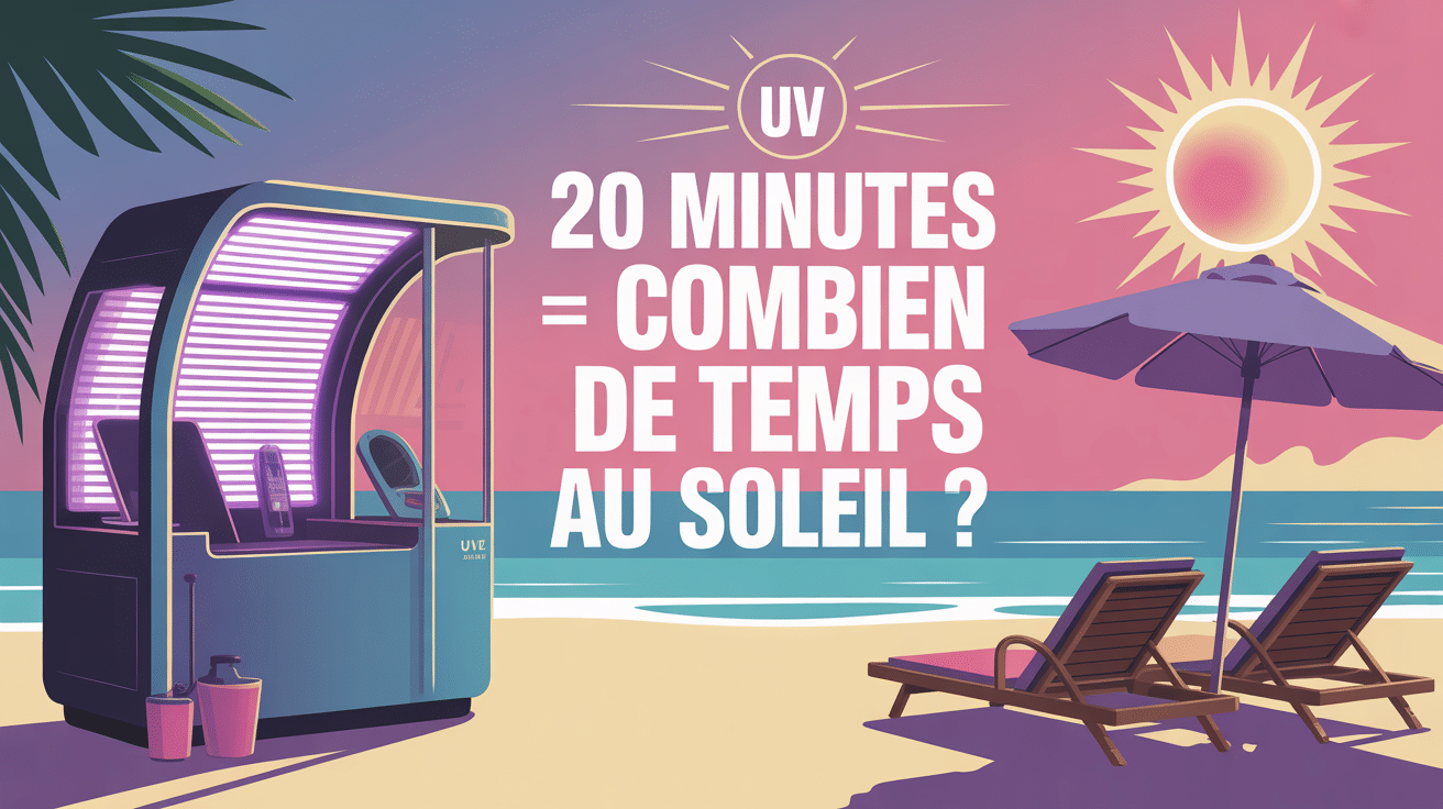 Cabine UV et plage illustrant 20 minutes d'uv correspond a combien de temps au soleil