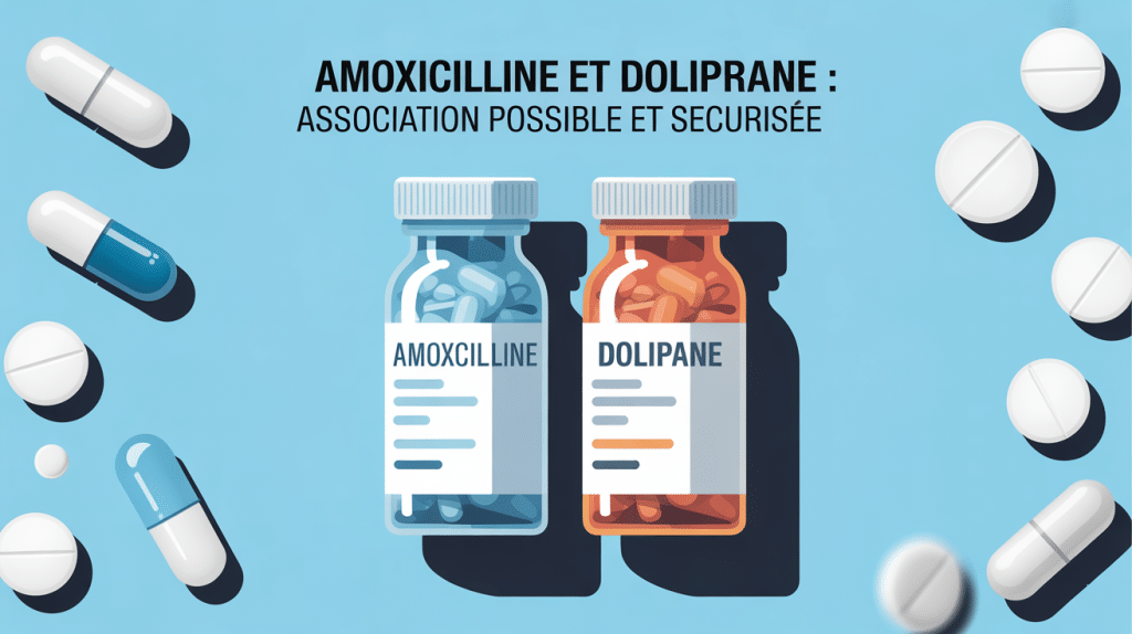 amoxicilline et doliprane boîtes médicaments sur fond bleu