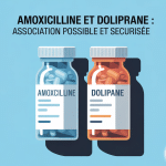 amoxicilline et doliprane boîtes médicaments sur fond bleu