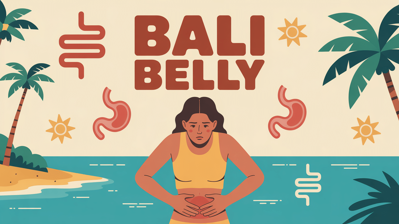Bali belly île tropicale, personne souffrant, troubles digestifs