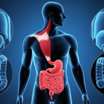 silhouette humaine muscle psoas rouge et intestins bleu douleur psoas et intestin