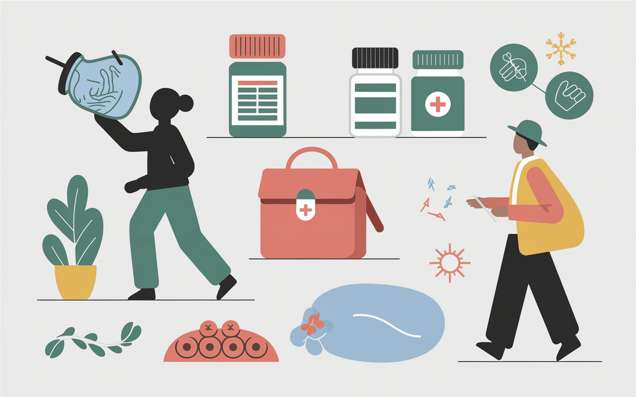 Illustration solutions douleurs cruralgiques étirements et médicaments