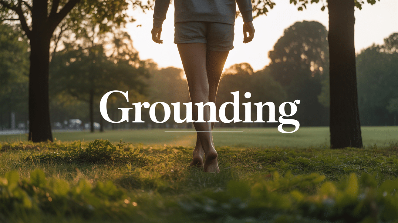 Grounding marche pieds nus sur herbe au coucher de soleil