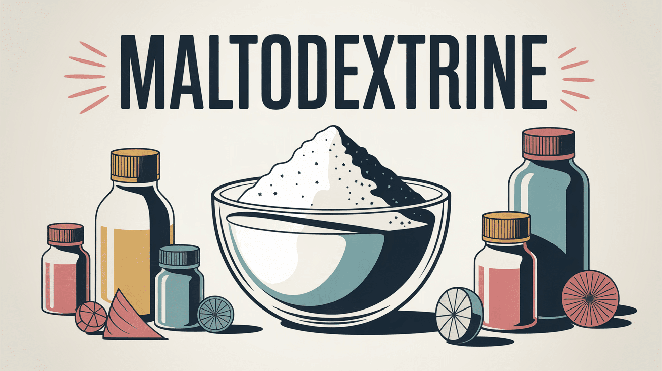 Illustration maltodextrine danger avec poudre blanche et produits industriels