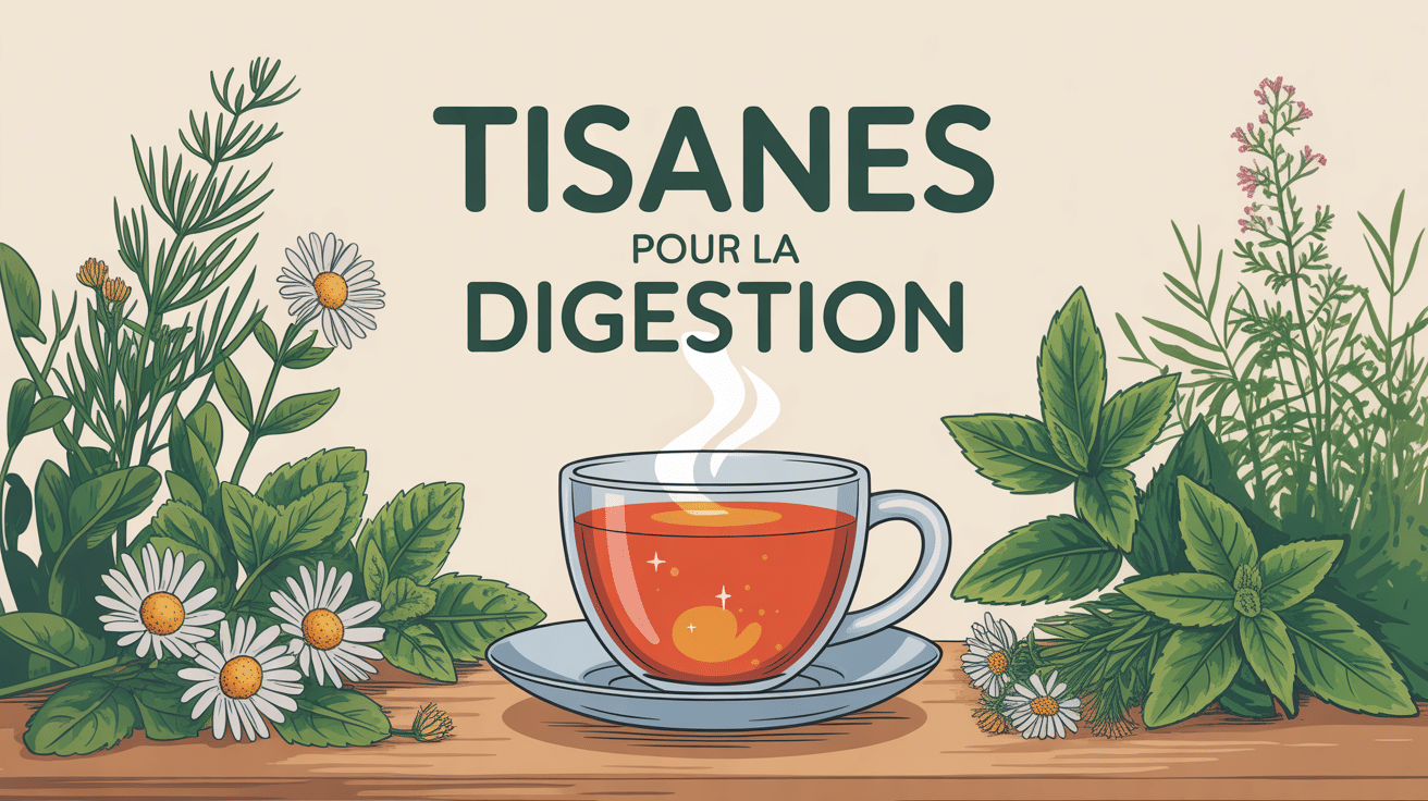 Tisane digestion avec tasse et plantes fraîches