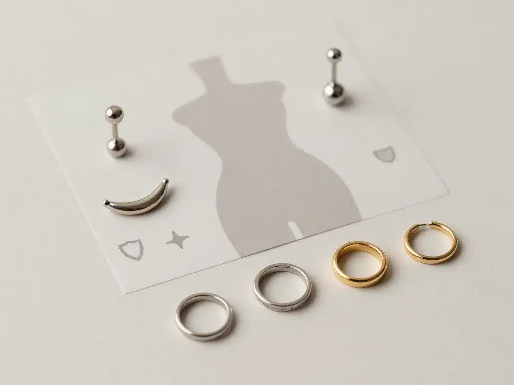 Sélection anneau nombril piercing titane acier or en flatlay