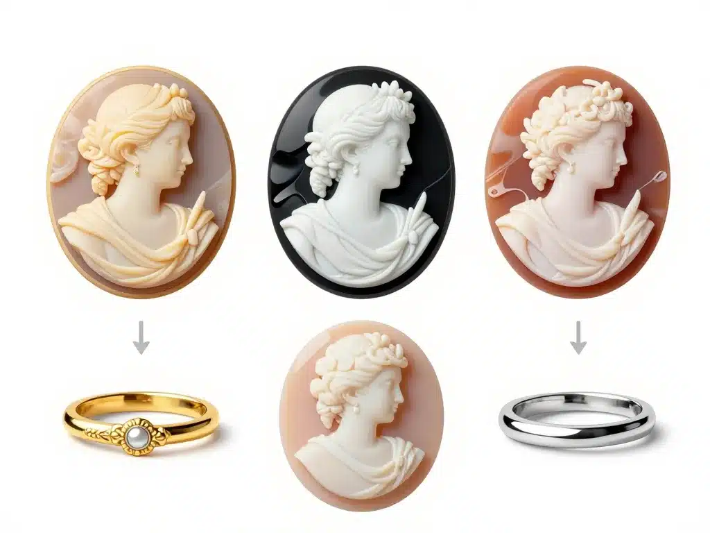 Schéma des matériaux de bague camée, coquille, pierre, résine