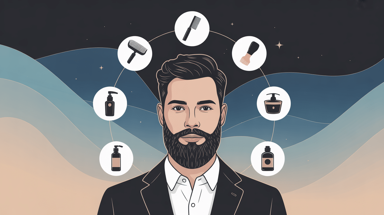 Homme stylisé barbe taillée nette avec icônes outils autour