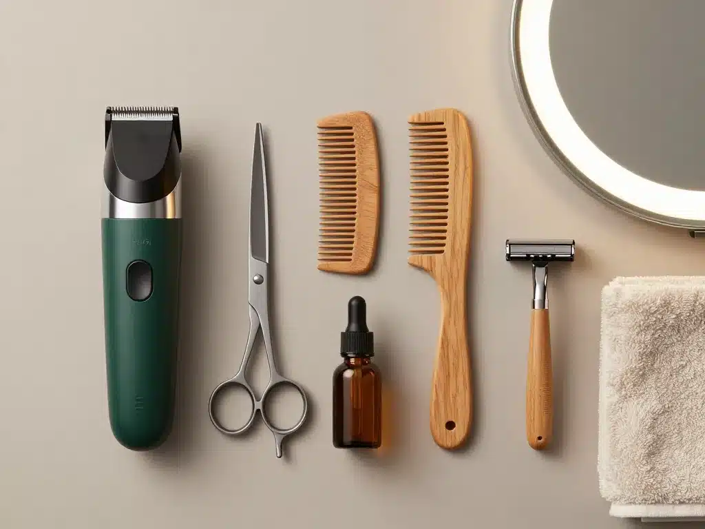 Scène produit outils barbe taillée tondeuse ciseaux peigne huile baume