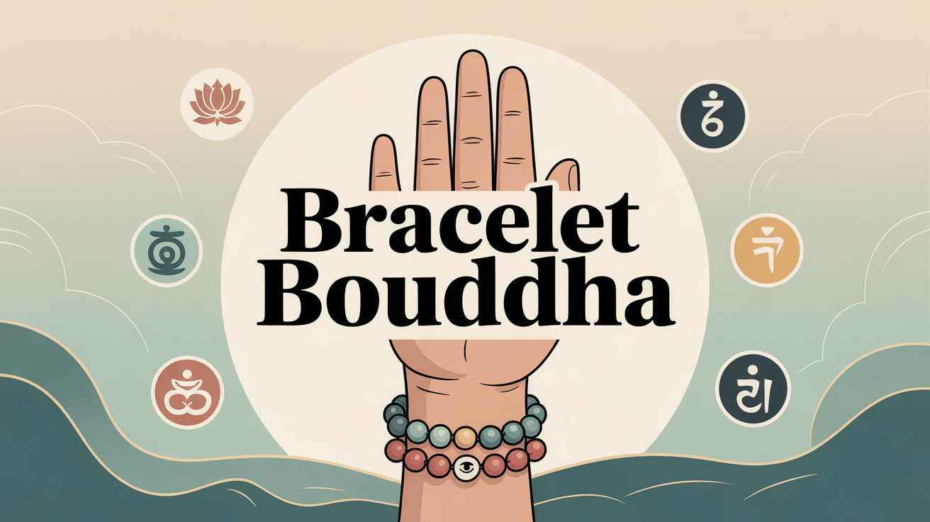 Illustration bracelet bouddha mala et symboles zen