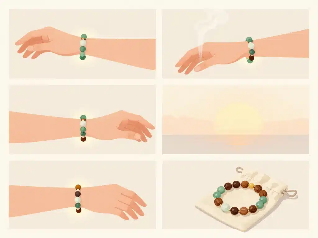 Étapes bracelet bouddha main gauche, purification et rangement