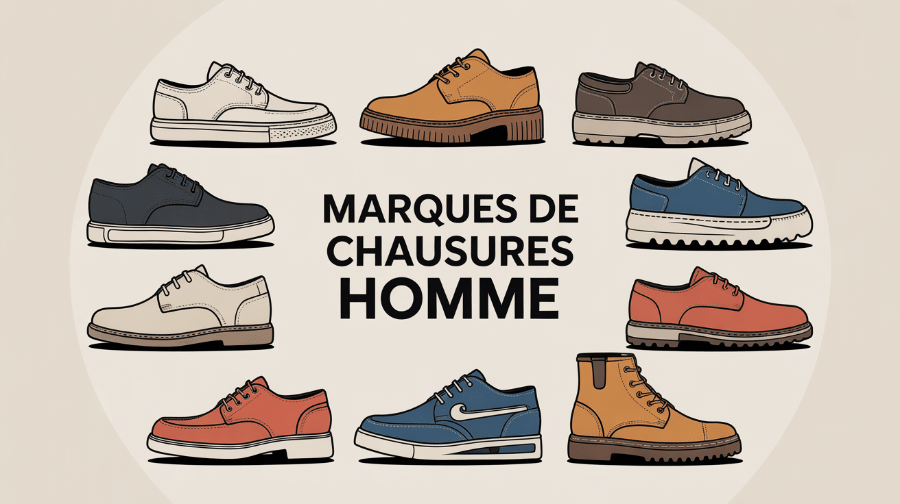 Illustration des chaussures marques homme, sneakers, derbies, richelieu, boots