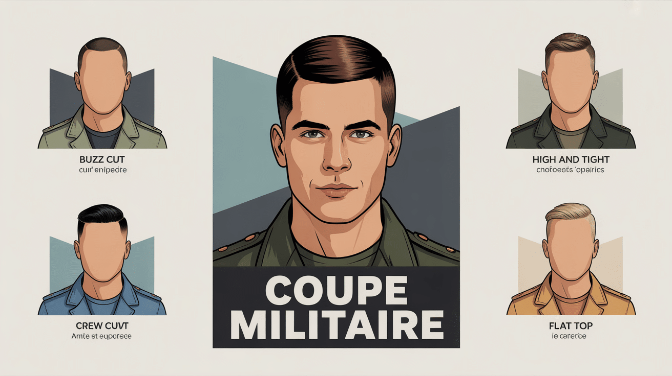 Illustration coupe militaire : buzz cut, high and tight, crew cut, flat top