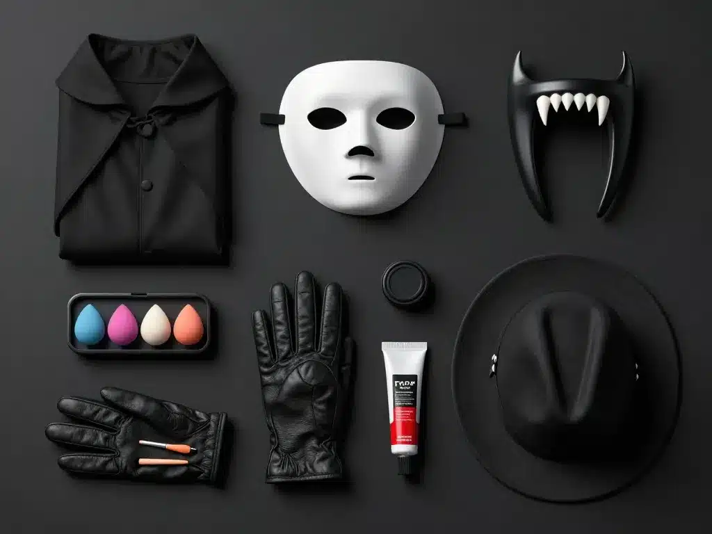 flat lay accessoires déguisement halloween homme cape masque crocs maquillage