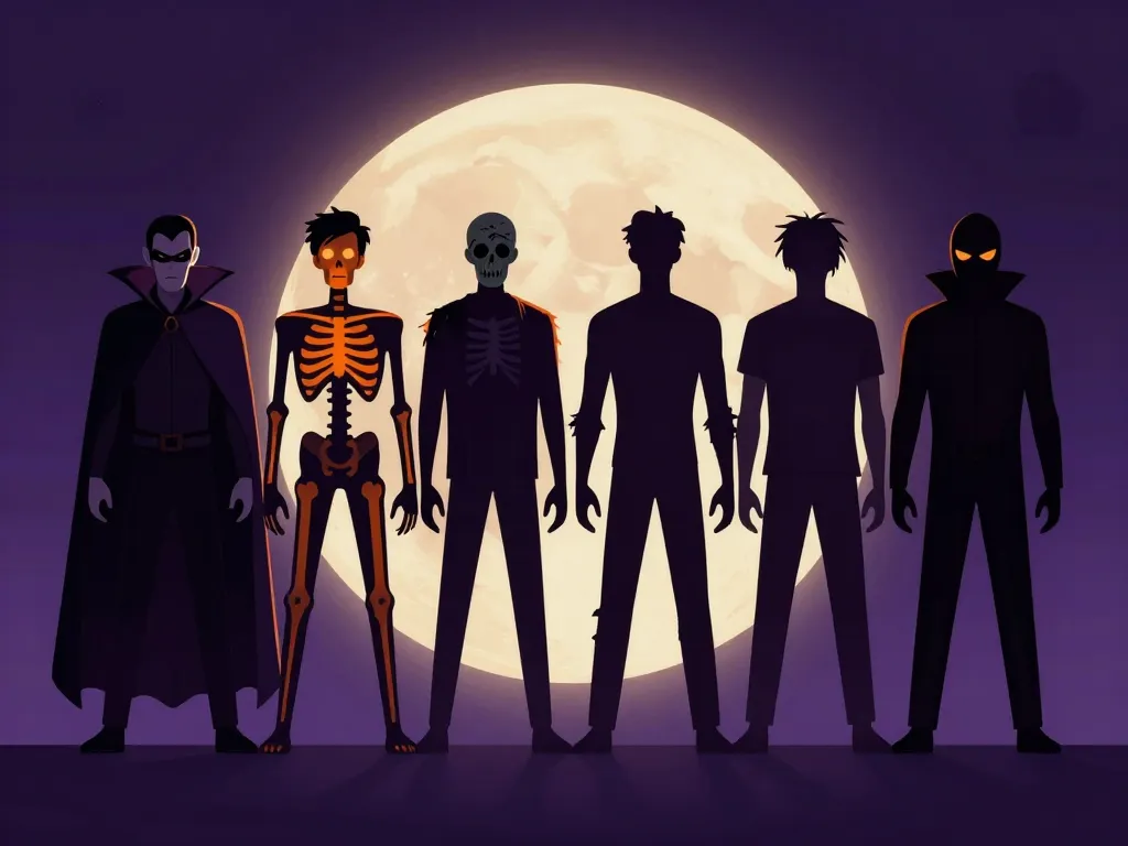 ligne de personnages déguisement halloween homme vampire squelette zombie