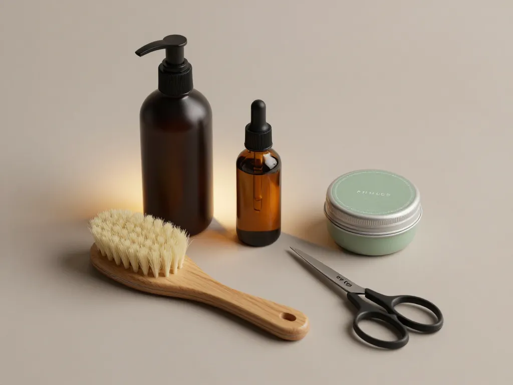 Flat lay des essentiels d’un kit barbe homme shampoing huile baume brosse peigne