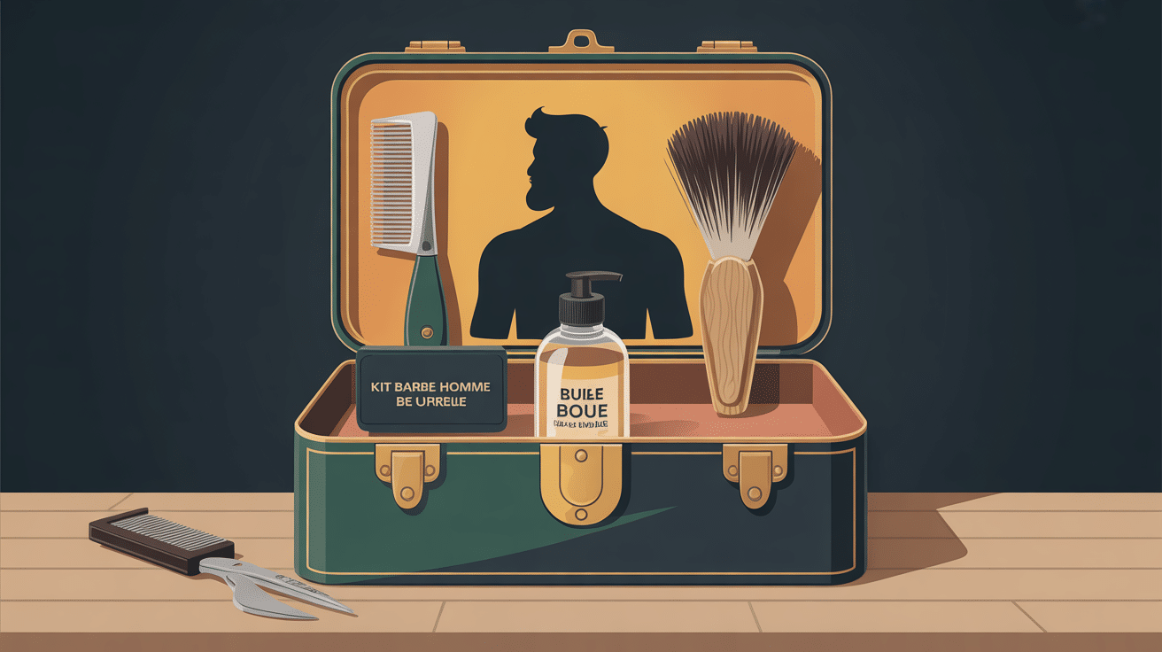 Illustration coffret kit barbe homme avec huile baume brosse peigne ciseaux
