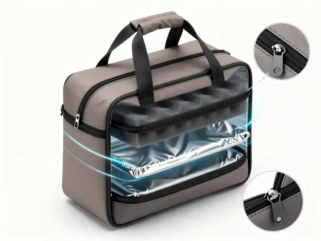 Vue éclatée lunch handbag avec couches isolantes et fermeture