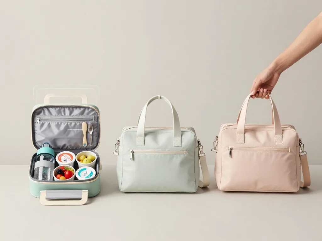 Scène produit lunch handbag avec organisation interne et bandoulière