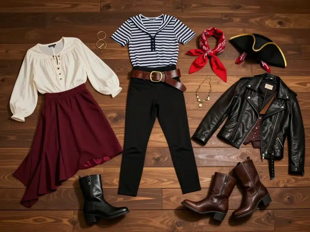 Flat-lay tenue DIY chemise ceinture jupe tricorne — pirate deguisement femme