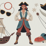 Illustration silhouette pirate, tenue et accessoires — pirate deguisement femme