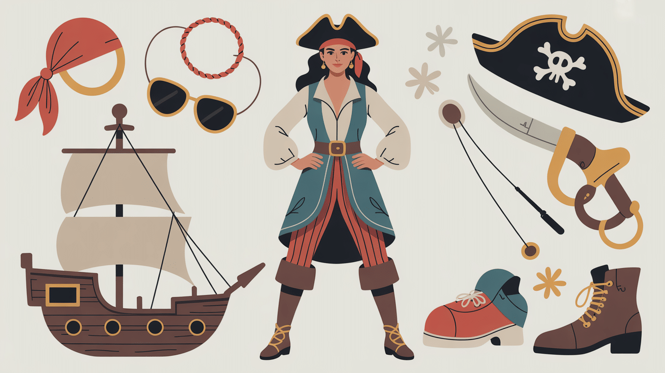 Illustration silhouette pirate, tenue et accessoires — pirate deguisement femme