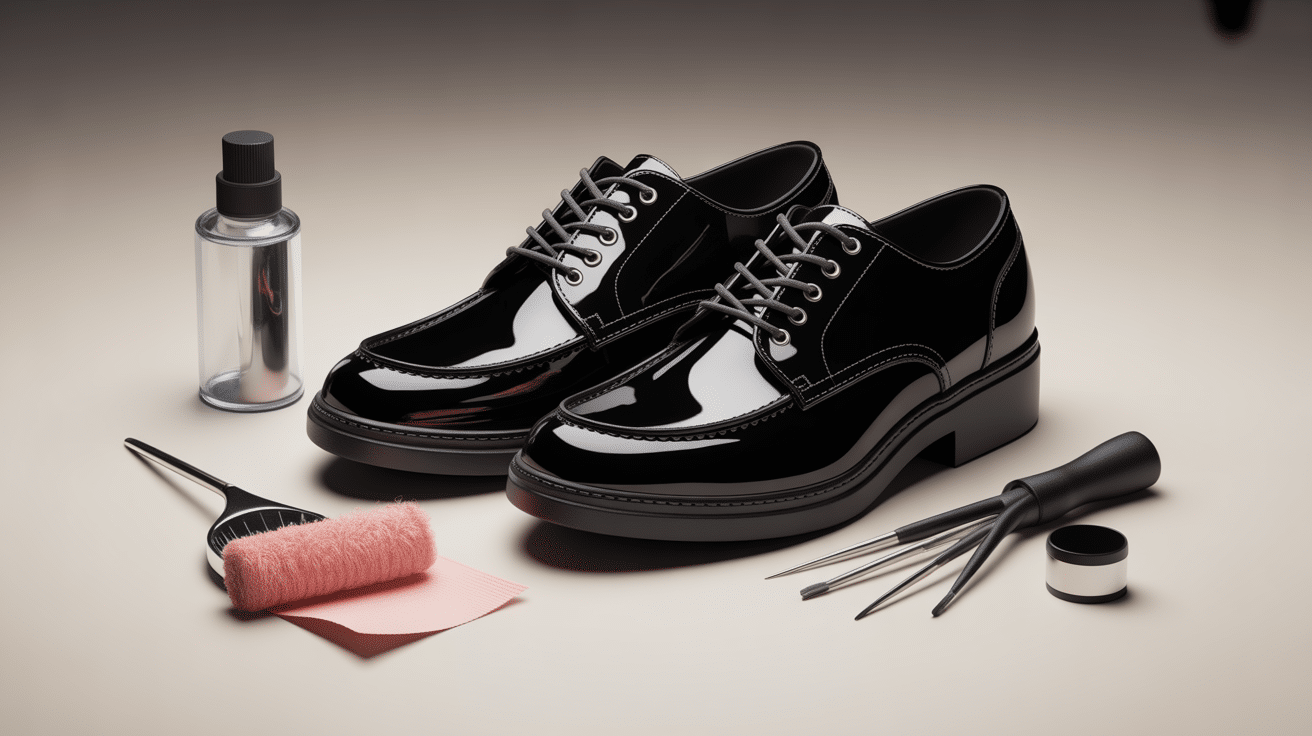 Réparer chaussures vernies craquelées avec outils et brillance