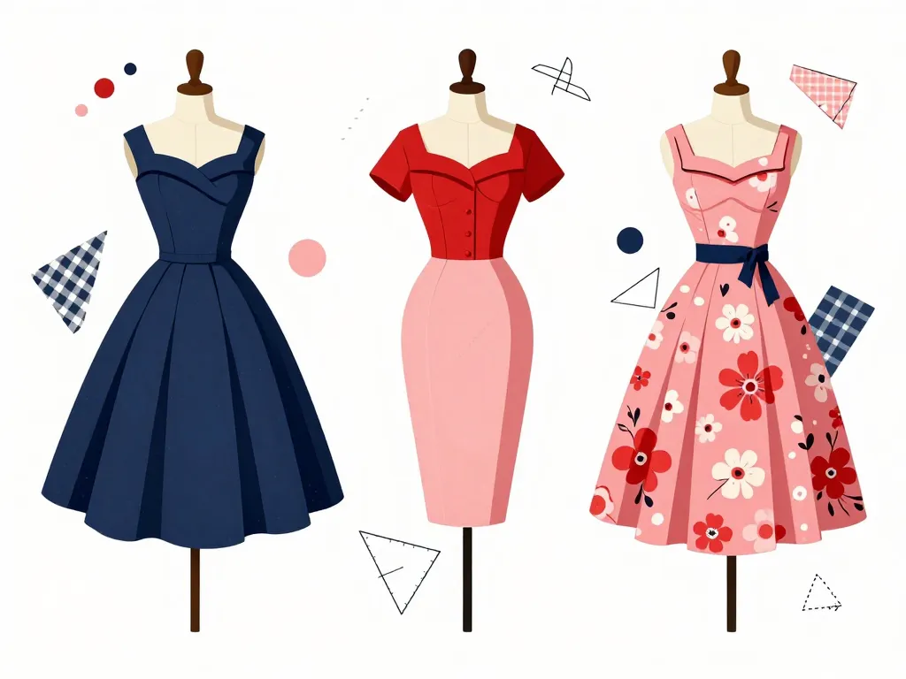 Schéma robe année 50 codes, décolletés et motifs