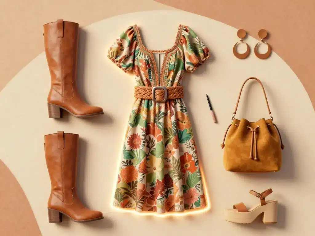 Flat lay accessoires robe année 70 harmonisés