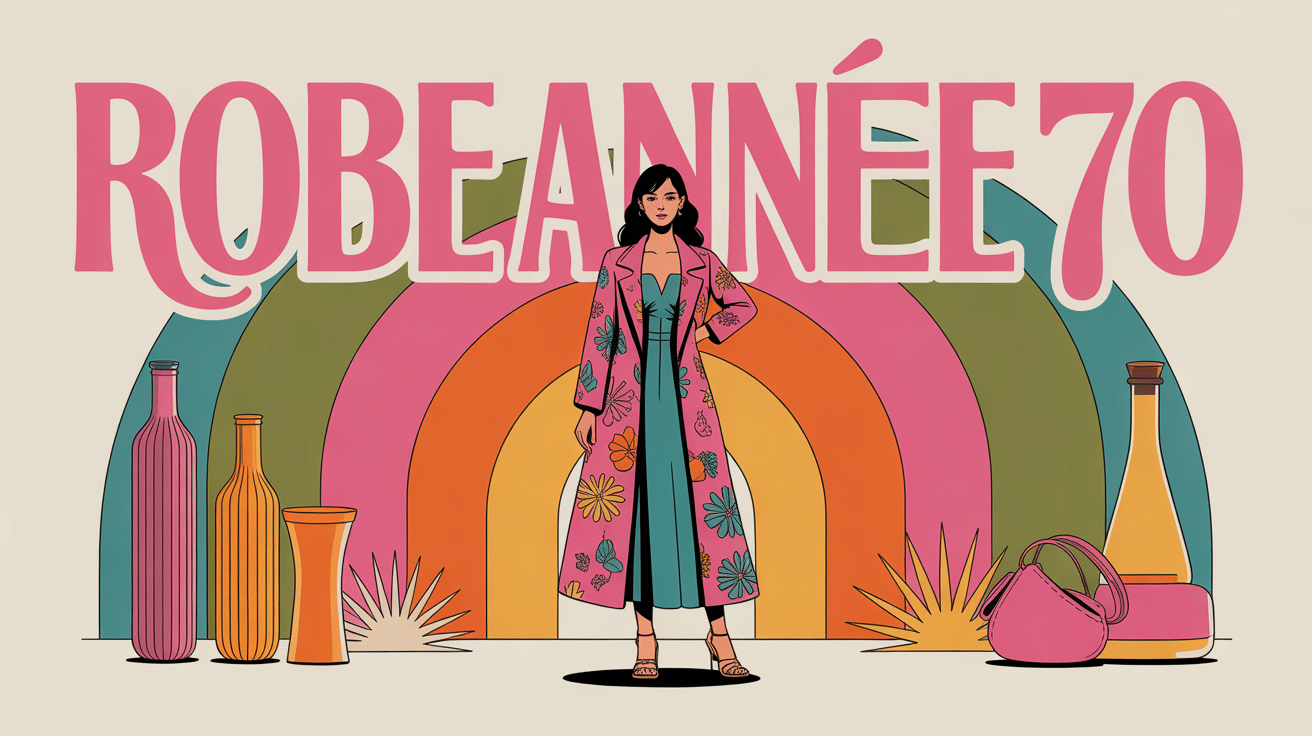 Illustration robe année 70 avec accessoires iconiques