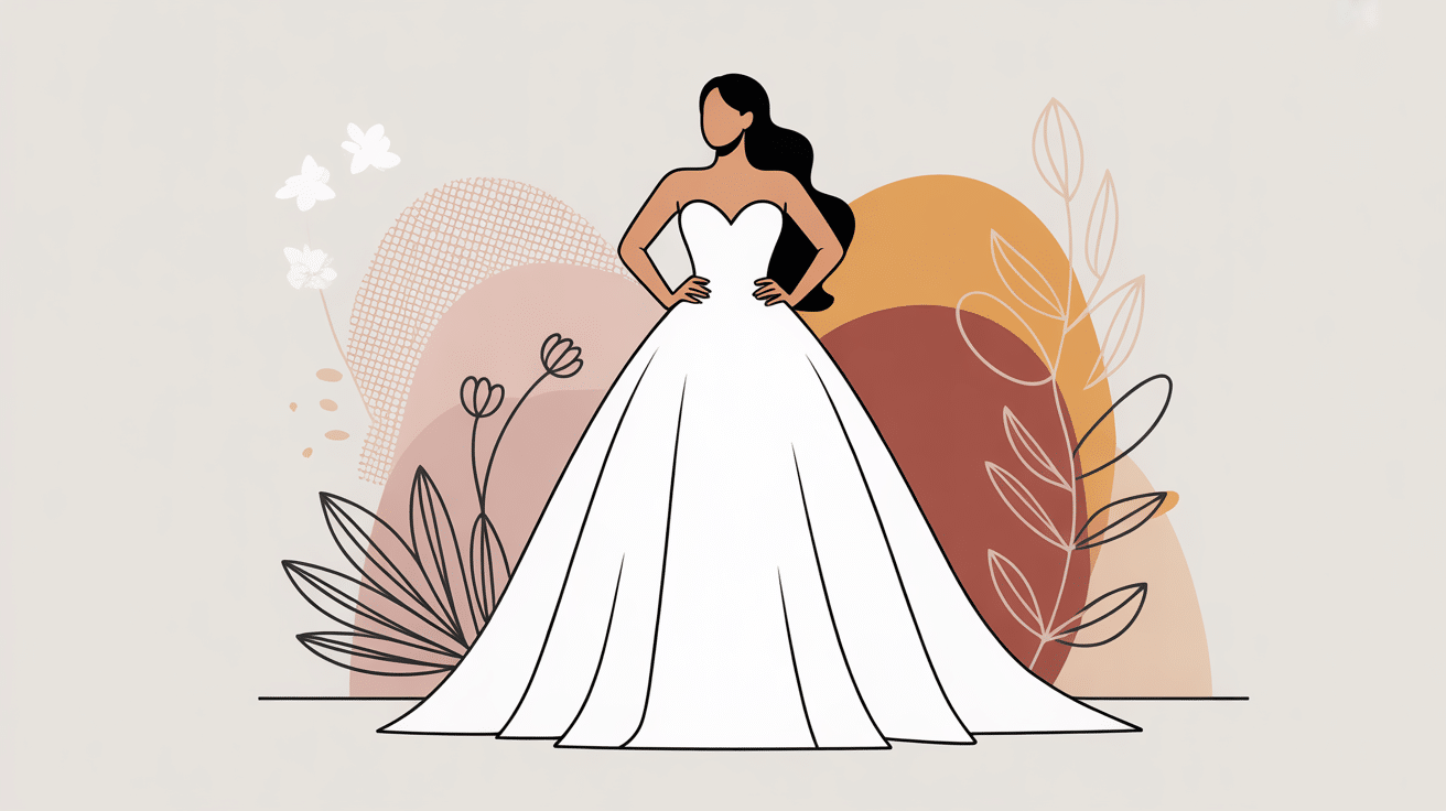 Illustration robe de mariée grande taille, mariée curvy élégante