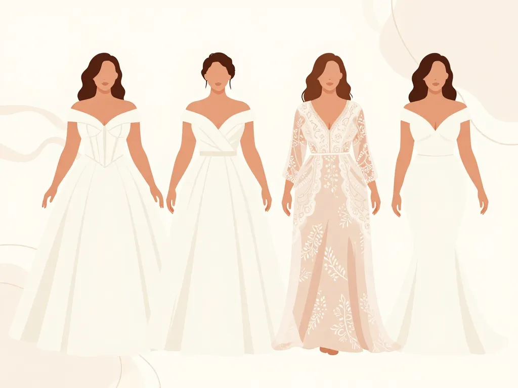Quatre styles de robe de mariée grande taille alignés, lignes flatteuses