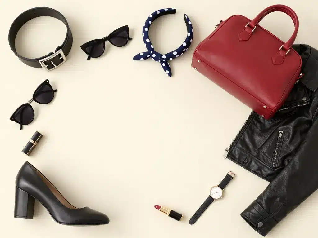 Flat lay accessoires robe pin up rockabilly sur fond crème