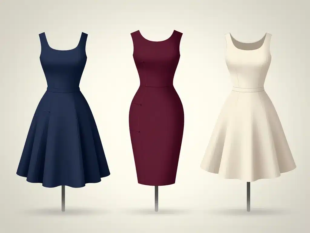 Schéma morphologie robe pin up, coupes swing crayon patineuse