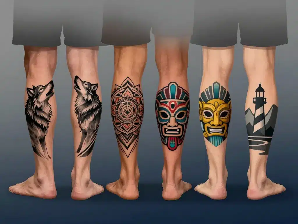 Exemples styles tatouage mollets homme en noir et couleur