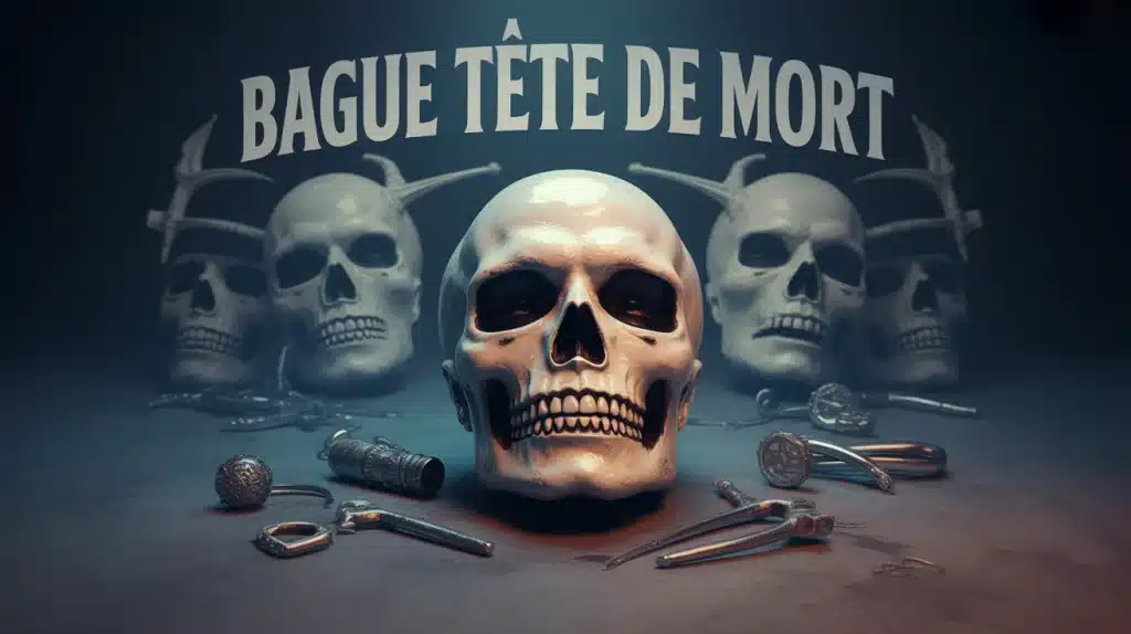 bague tête de mort stylisée sur fond sombre bleu