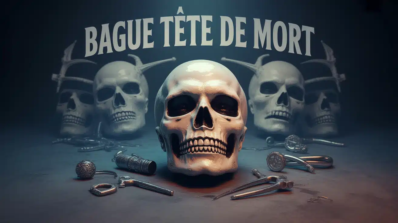 bague tête de mort stylisée sur fond sombre bleu