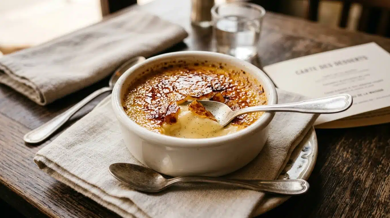 Crème brûlée avec une croûte de sucre caramélisée parfaite.