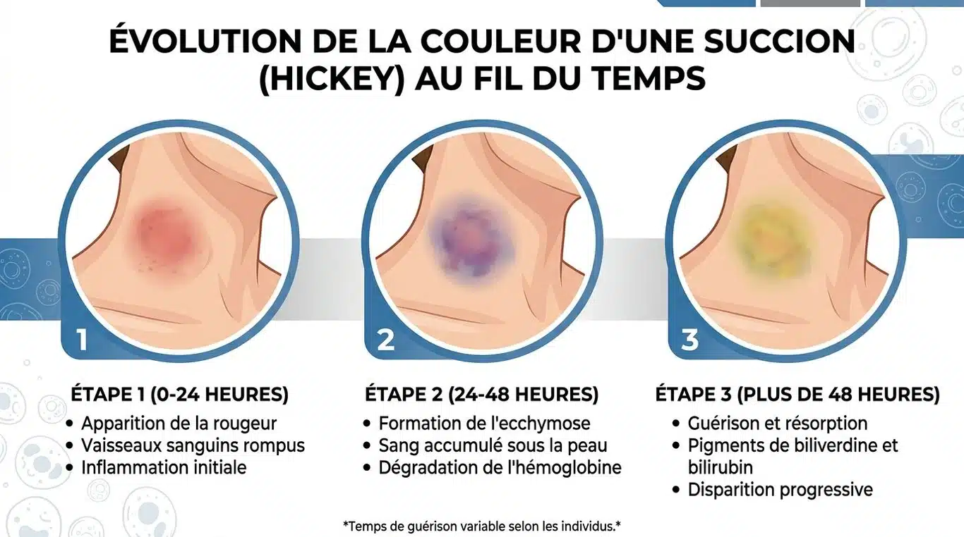 Infographie illustrant l'évolution chromatique d'un suçon au fil du temps pour choisir le bon traitement