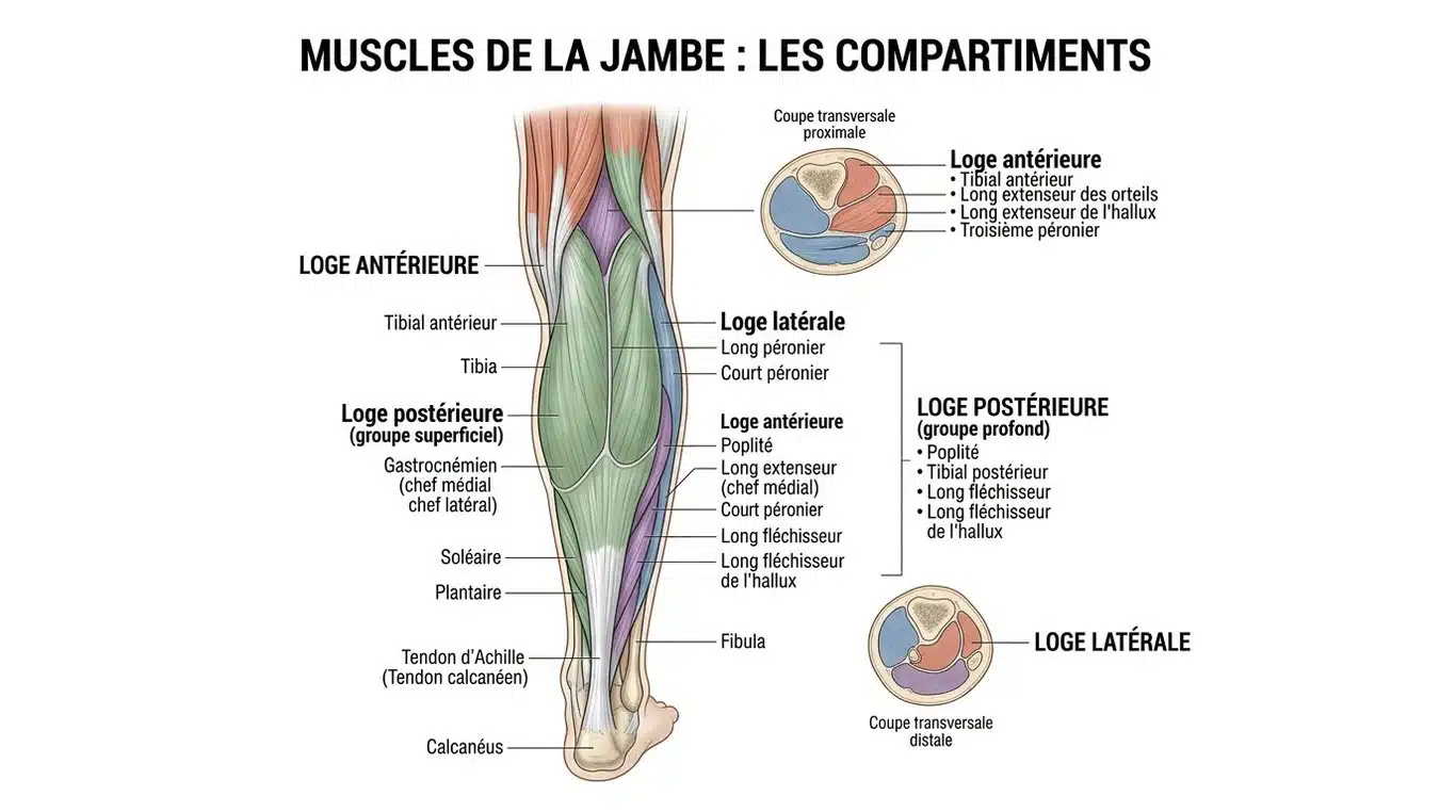 Schéma anatomique des trois compartiments musculaires de la jambe humaine