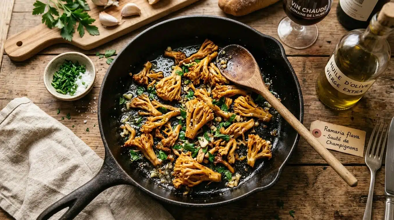 Poêlée de clavaire jaune au beurre d'ail et persillade
